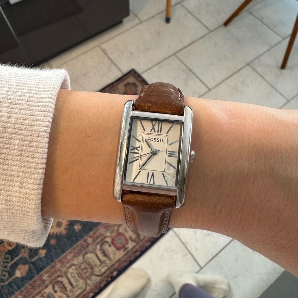 Fossil Beige Leather Rectangular Watch